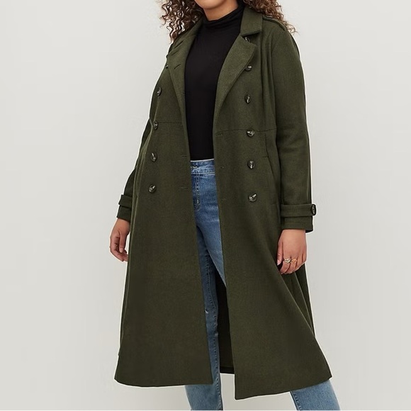 Torrid Olive Wool Military Fit Flare Trench Coat Size 4